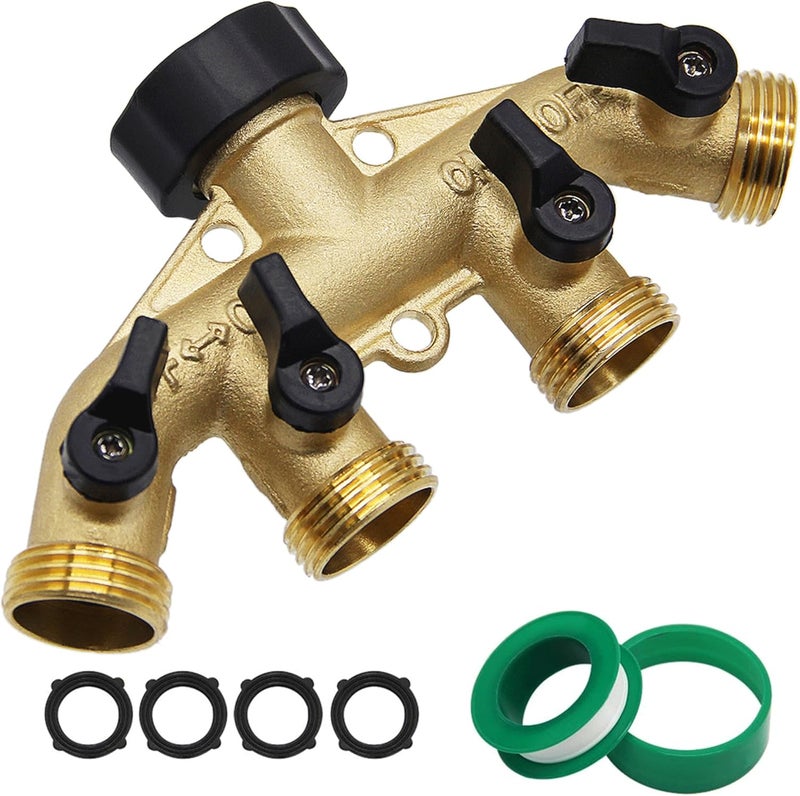 Lifynste 4 Way Brass Hose Splitter, 3/4" Brass Hose Faucet Manifold, Garden Hose Adapter Connector - Image 1